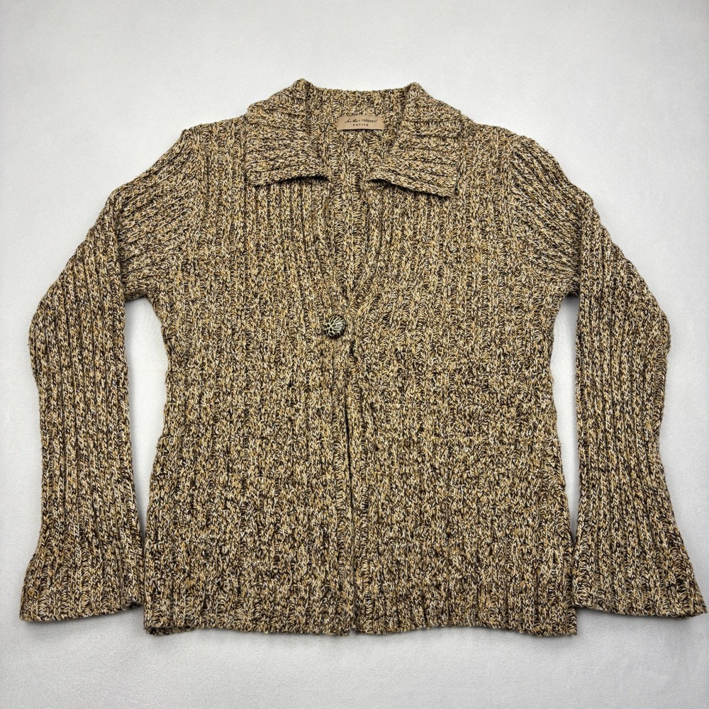 ie Relaxed Cardigan Sweater Womens PM Brown Tan Marled Chunky Wool Blend Petite